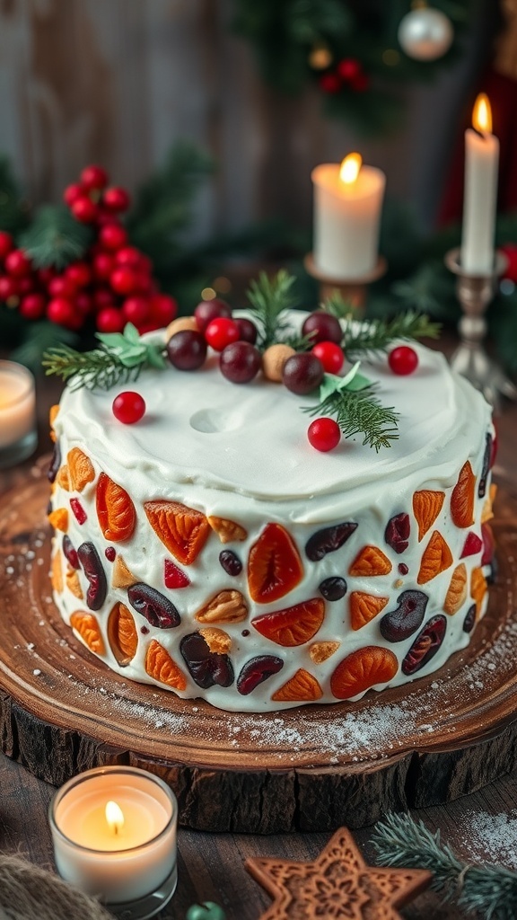 A festive Christmas cake decorated with white icing and dried fruits, set on a wooden table with holiday decorations.
